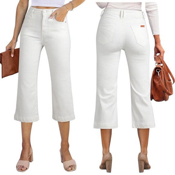 Sidefeel Denim - Sidefeel Women's White Wide Leg Jeans High Waisted Stretchy Capri Pants